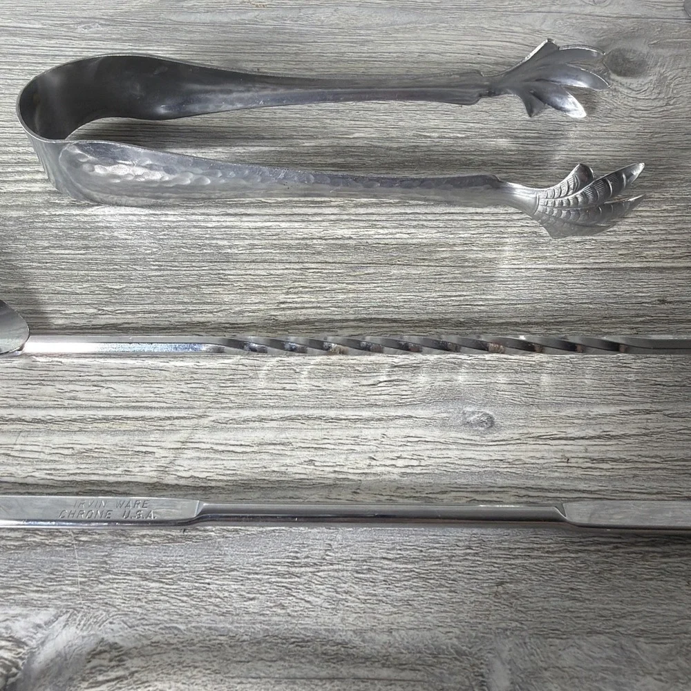 9 Pc Bar Tool Lot Stainless Steel Tongs Long Stirrers Spoons Cocktail Strainer